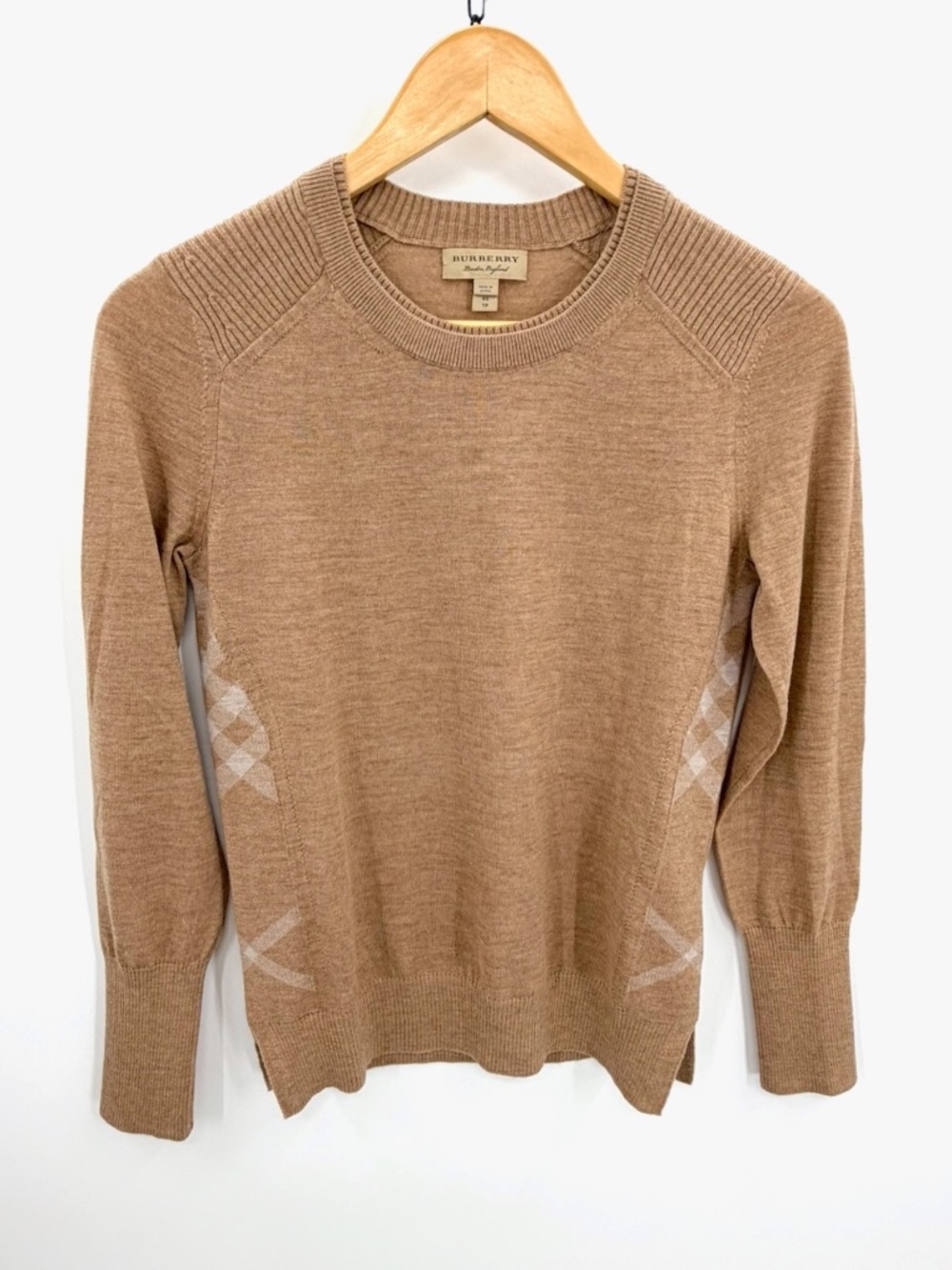BURBERRY Camel Tan Merino Wool Side Check Knit Crewneck Sweater Women XS TP